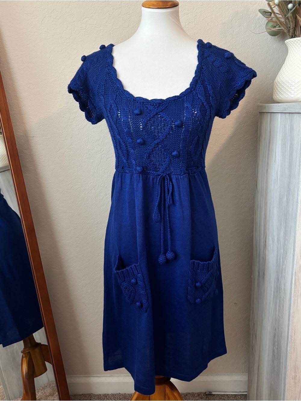 Derhy Vintage Royal Blue Knit Short Sleeve Sweater Midi Dress Y2K Small
